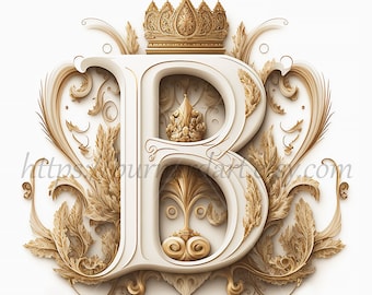 Digital download - Letter B Crown on Whitish Background Alphabet Initials Monogram - AI Generated Art Print Printable Image Stock photo PNG