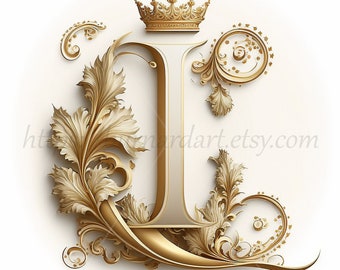 Digital download - Letter I Crown on Whitish Background Alphabet Initials Monogram - AI Generated Art Print Printable Image Stock photo PNG