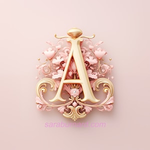 Descarga digital - Letra A con detalles florales sobre fondo rosa Monograma inicial único - Imagen de archivo imprimible con impresión artística AI JPG