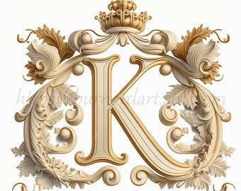 Digitaler Download - Buchstabe K Krone auf weißlichem Hintergrund Alphabet Initialen Monogramm - AI Generierter Kunstdruck druckbares Bild Stock Foto PNG