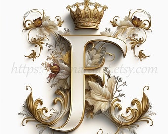 Digital download - Letter F Crown on Whitish Background Alphabet Initials Monogram - AI Generated Art Print Printable Image Stock photo PNG