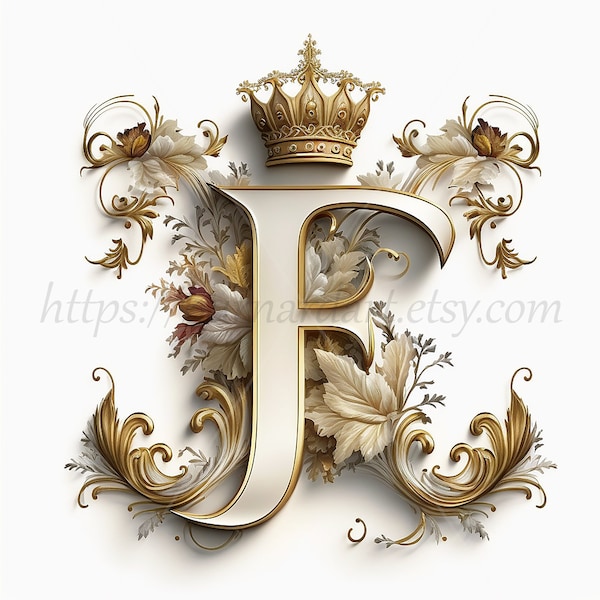 Digital download - Letter F Crown on Whitish Background Alphabet Initials Monogram - AI Generated Art Print Printable Image Stock photo PNG