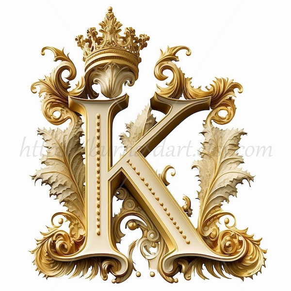 Digital Download - Letter K Crown on Whitish Background Alphabet Initials Monogram - AI Generated Art Print Printable Image Stock photo PNG