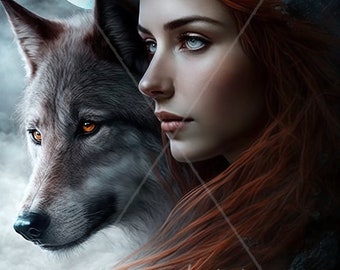 Digital download - Beautiful Auburn-haired Woman with White & Grey Wolf - AI Generated Art Print Printable Poster Image Stock photo PNG