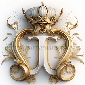 Download digital - Letra T Coroa em fundo esbranquiçado Iniciais do alfabeto Monograma - AI Generated Art Print Imagem para impressão Foto stock PNG