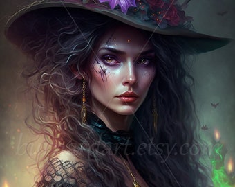 Witchy Woman Digital download - Black Witch Hat, Magic - AI Generated Art Print Printable Poster Image Stock photo PNG