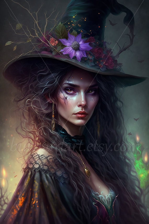 Witchy Woman Digitale download Black Witch Hat Magic AI Gegenereerde Art Print Printable Poster Image Stock photo PNG