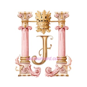 Letra mayúscula J Descarga digital - Fondo transparente PNG Monograma de iniciales de corona de oro rosa - Imagen imprimible con impresión artística de AI
