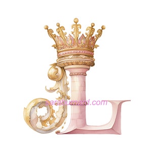 Letra mayúscula L Descarga digital - Fondo transparente PNG Monograma de iniciales de corona de oro rosa - Imagen imprimible con impresión artística AI