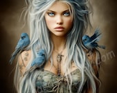 Sage Mystic Woman with Bluebirds, Blue Hair - Digital Art Print Download - Bird Fantasy Portrait - AI Printable Wall Art - Stock Photo JPG