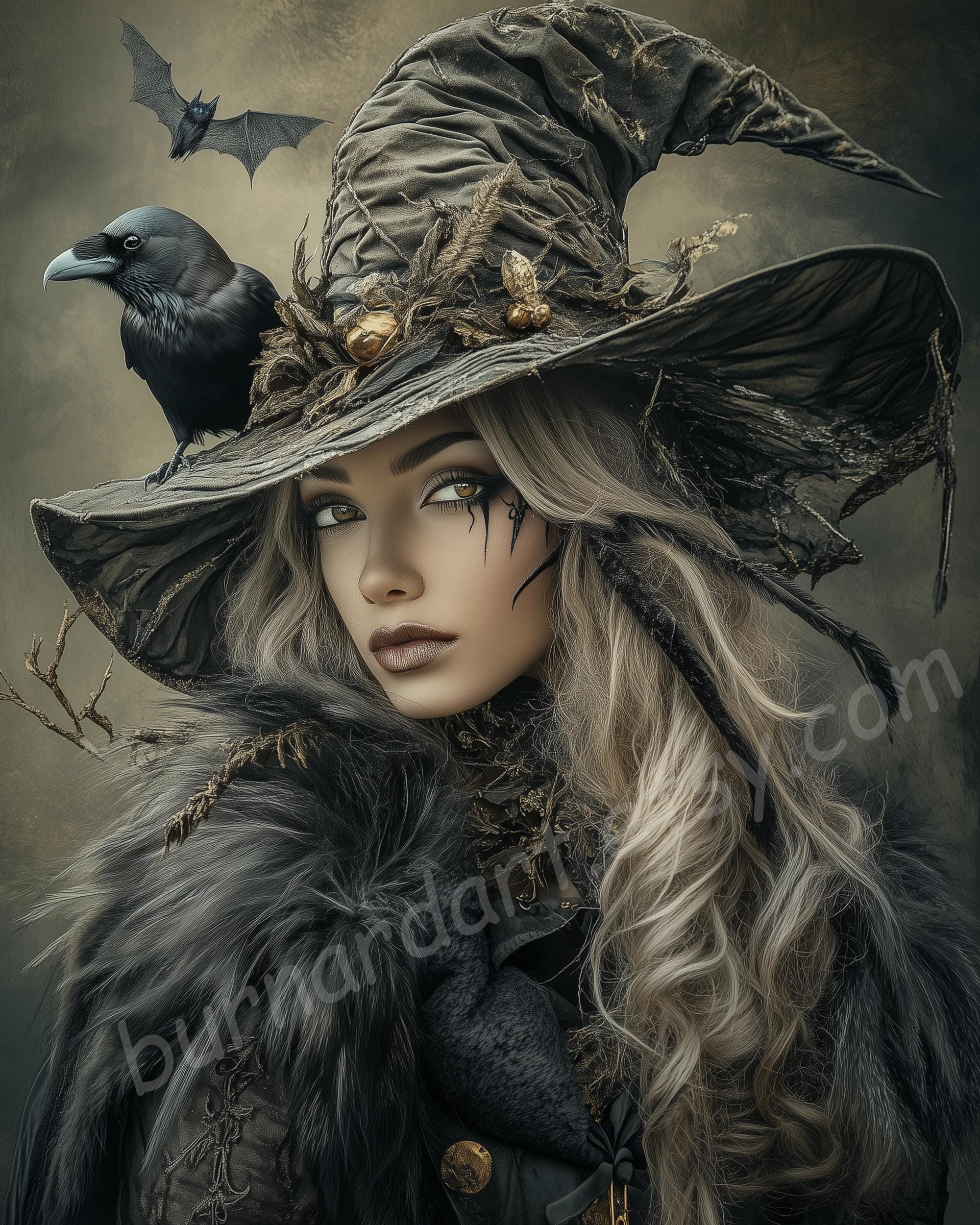 魔女の精霊とカラスの女神 - デジタルアートプリントダウンロード