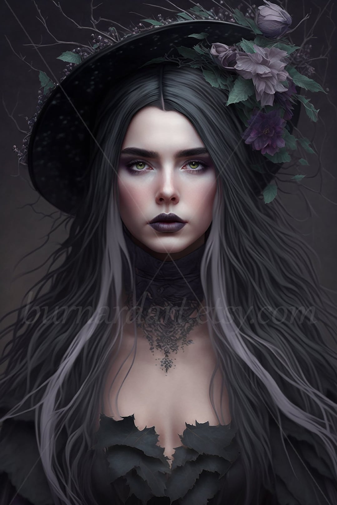 Gothic Witch Digital Download Black Witch Hat With Purple Flowers AI