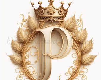 Digital download - Letter P Crown on Whitish Background Alphabet Initials Monogram - AI Generated Art Print Printable Image Stock photo PNG
