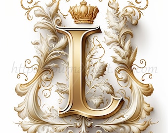 Digital download - Letter L Crown on Whitish Background Alphabet Initials Monogram - AI Generated Art Print Printable Image Stock photo PNG