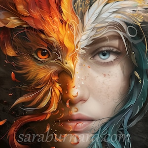 Puede incluir: La cara de una mujer está medio oculta por un pájaro naranja y dorado ardiente con un pico afilado. La otra mitad de su cara está enmarcada por plumas azules y blancas. La imagen es una pintura digital.