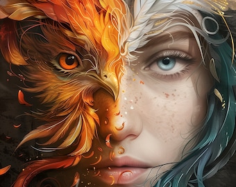 Phoenix Woman Digital download - Symbol of Immortality Hope - Rise of the Phoenix - AI Generated Art Print Printable Image stock photo JPG
