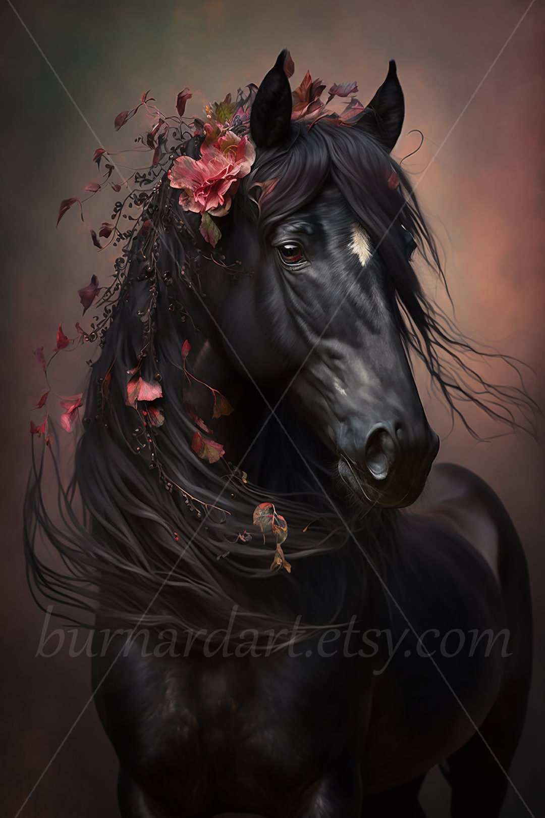 Digital Download Black Horse With Wildflowers in Its Mane AI Generated