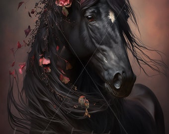 Digital download - Black Horse with Wildflowers in its Mane - AI Generated Art Print Printable Poster Image Stock photo PNG