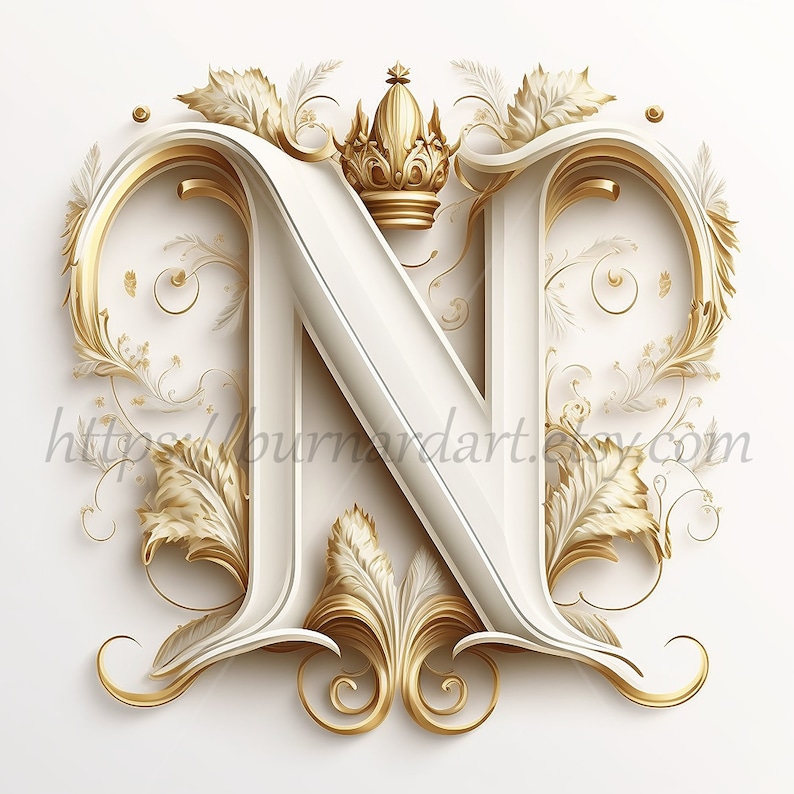 Digital download Letter N Crown on Whitish Background Alphabet Initials Monogram AI Generated Art Print Printable Image Stock photo PNG image 1