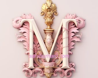 Letter M Digital download - Pink Background - Monogram style emblem crest logo Initials - AI Art Print Printable Image Stock photo PNG