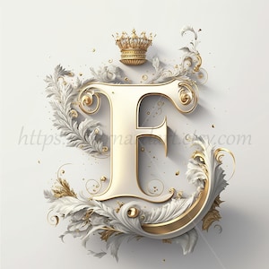 Download digital - Letra F Coroa em fundo esbranquiçado Iniciais do alfabeto Monograma - AI Generated Art Print Imagem para impressão Foto stock PNG