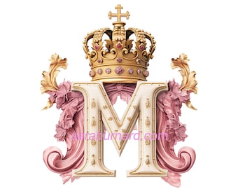 Téléchargement numérique de la lettre M - Fond transparent PNG monogramme des initiales de la couronne en or rose - image imprimable impression artistique générée par l'IA