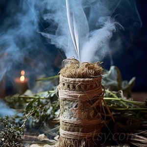 Digitaler Download - Spirituelle Reinigung - Räuchersalbei Kräuter Blumen - Heiliger Rauch - AI Kunstdruck druckbares Poster Bild Foto PNG