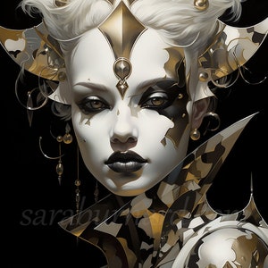 Descarga digital de Arlequín - Arte fantástico en blanco y negro y dorado - Impresión artística generada por IA, póster imprimible, imagen de archivo PNG