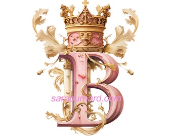 Letter B Digital download - Transparent background PNG Pink Gold Crown Initials Monogram - AI Generated Art Print Printable Image photo