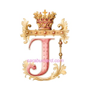 Letra mayúscula J Descarga digital - Fondo transparente PNG Monograma de iniciales de corona de oro rosa - Imagen imprimible con impresión artística de AI
