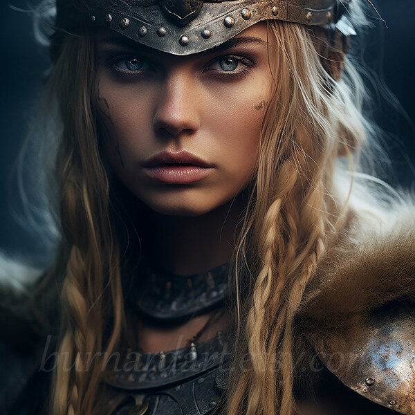 Viking Warrior Woman Digital download - Scandinavian Mythology Fantasy - AI Art Print Printable Image stock photo PNG