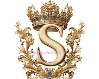 Letter S Digital download - Transparent background PNG Gold Crown Initials Monogram - AI Generated Art Print Printable Image photo