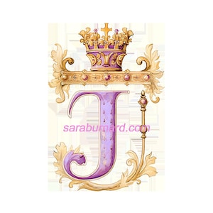Letra mayúscula J Descarga digital - Fondo transparente PNG Monograma de iniciales de corona de oro rosa - Imagen imprimible con impresión artística de AI