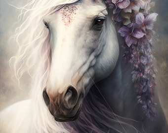Digital download - White Horse with Wildflowers in its Mane - AI Generated Art Print Printable Poster Image Stock photo PNG