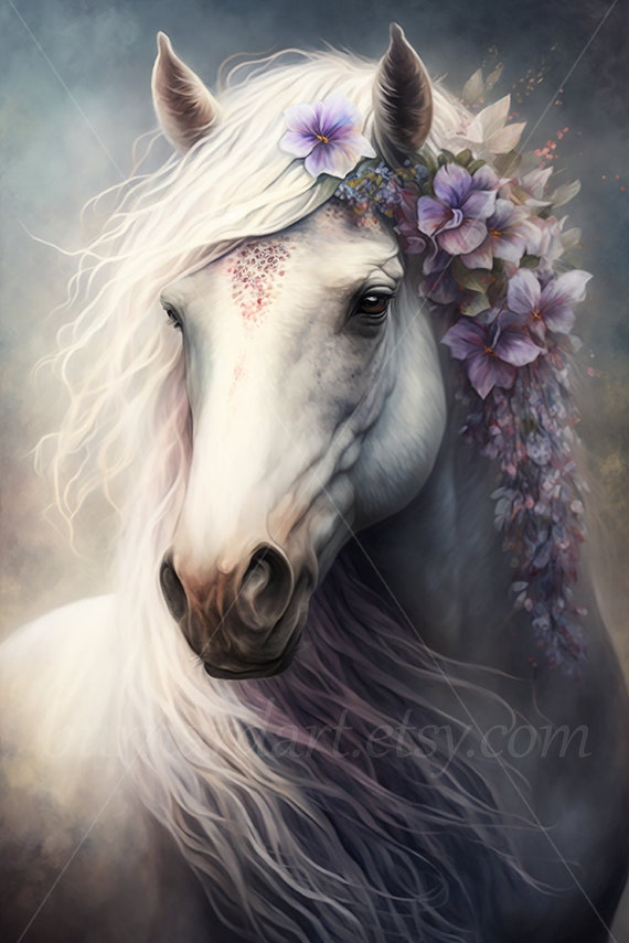 デジタルダウンロード - たてがみに野花をつけた白い馬 - AI 生成