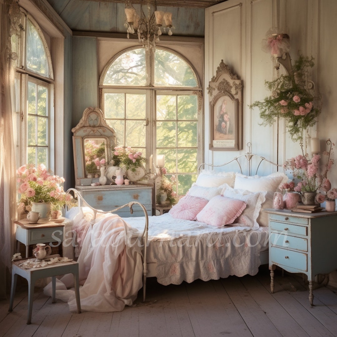 Digital Download Shabby Chic Bedroom Fantasy Art AI Generated Art Print