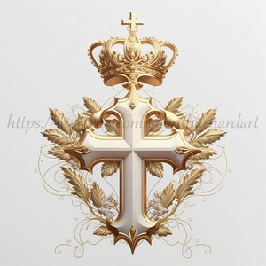 Digital download - Crucifix Cross Ivory Gold Crown 3D - JPG & transparent PNG - AI Generated Art Print Printable Poster Image Stock photo