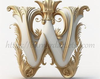 Digitaler Download - Buchstabe W Krone auf weißlichem Hintergrund Alphabet Initialen Monogramm - AI Generierter Kunstdruck druckbares Bild Stock Foto PNG