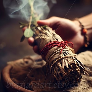 Digitaler Download - Spirituelle Reinigung - Räuchersalbei Kräuter Blumen - Heiliger Rauch - AI Kunstdruck druckbares Poster Bild Foto PNG
