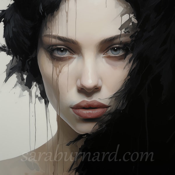 Black Raven Woman Digital download - Fantasy Portrait - AI Generated Art Print Printable Image stock photo JPG