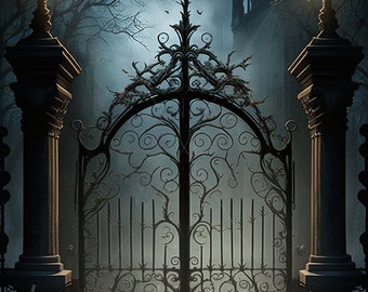 Gothic Gates - Digital download - Fantasy Scary Spooky haunted Halloween - AI Art Print Printable Image stock photo PNG