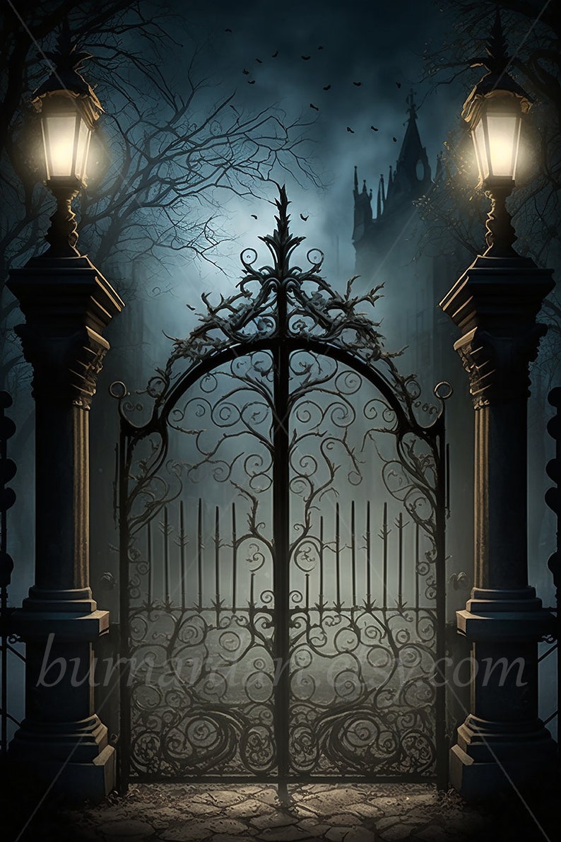 Gothic Gates Digital download Fantasy Scary Spooky haunted Halloween AI Art Print Printable Image stock photo PNG image 1