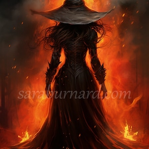 Fire Witch Digital download - Fantasy Art - Upiorny Halloween - AI Art Print Wydrukuj obraz stockowe zdjęcie PNG