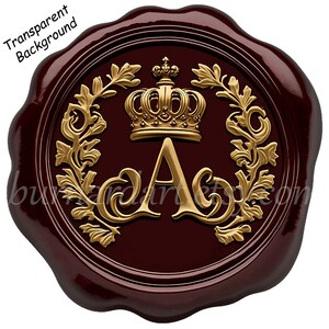 Digital download - Red Wax Seal Letter A Initials Gold Crown Monogram Invitations Wedding - AI Art Print Printable Image Stock photo PNG