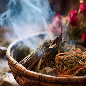 Digitaler Download - Spirituelle Reinigung - Räuchersalbei Kräuter Blumen - Heiliger Rauch - AI Kunstdruck druckbares Poster Bild Foto PNG