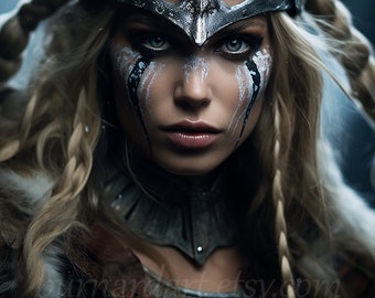 Viking Warrior Woman with war paint Digital download - Scandinavian Mythology Fantasy - AI Art Print Printable Image stock photo PNG