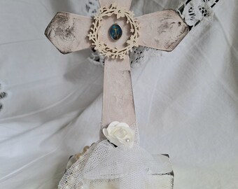 Shabby Chic Wooden Cross, Romantic Table Cross, Communion Cross, Confirmation Cross