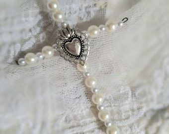 Shabby Chic Cross with Flaming Heart, Vintage Pearl Cross, Brocante Cross, Nostalgic Pearl Cross