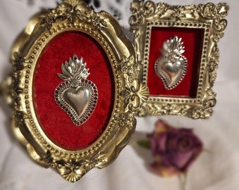 Voto Heart, Sacred Heart, Flaming Heart in Baroque Frame