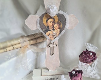 Shabby Chic wooden cross, with Saint Anthony, romantic table cross, communion cross, confirmation cross, for baptism